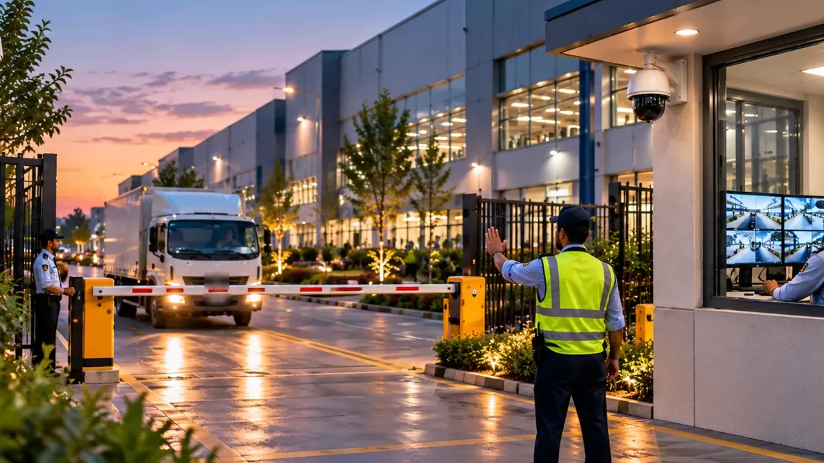 Evening at a facility gate: a guard waves a delivery truck through the boom barrier while another guard watches camera screens in the gatehouse.