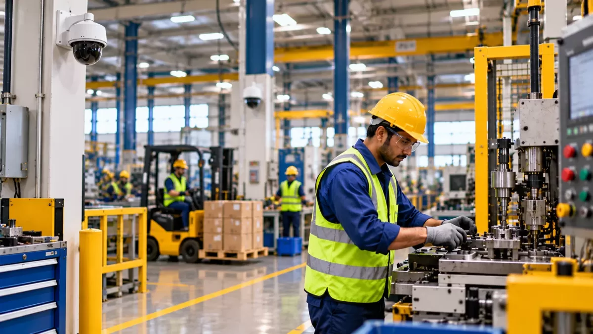 A worker in a helmet, safety glasses and high-visibility vest works at a machine; a camera on a wall bracket watches the floor.