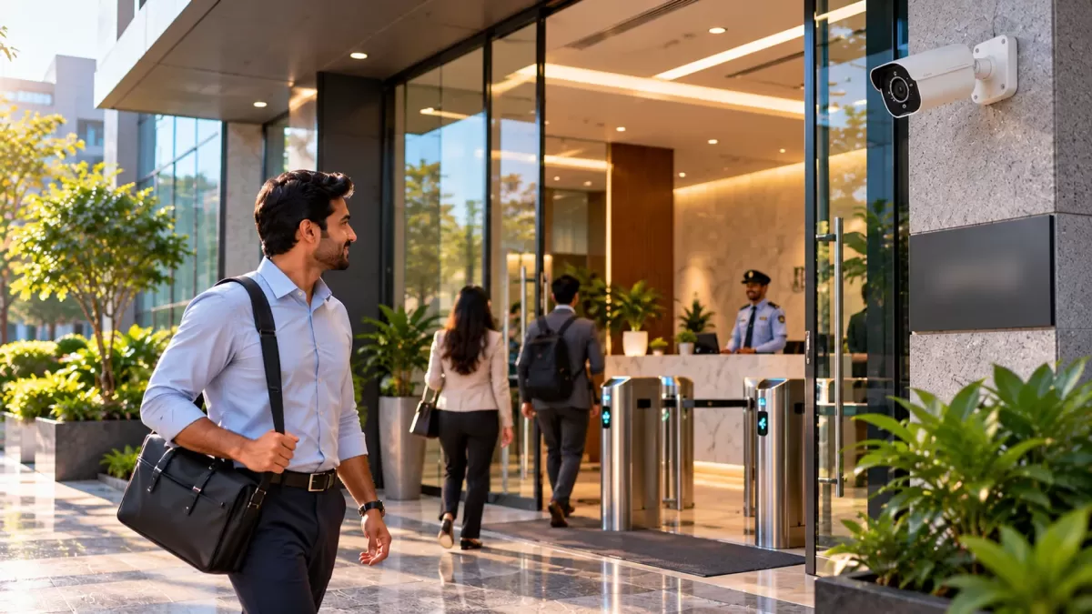 Morning at an office entrance: a man arrives with his bag while colleagues walk in past the turnstiles and a guard at reception.