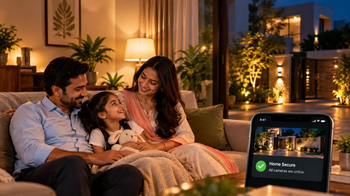 The family relaxes together on the sofa in the evening, a phone beside them showing the home view.