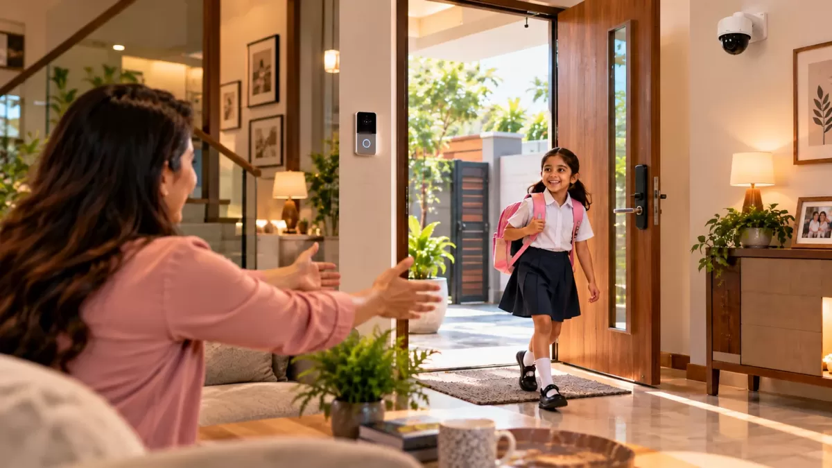 Afternoon at home: a girl in school uniform walks in through the front door as her mother reaches out to greet her.