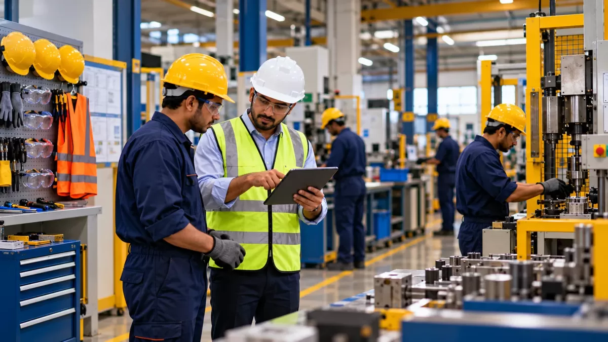 A supervisor in a white helmet and vest shows a worker in a yellow helmet something on a tablet, beside a rack of safety gear.