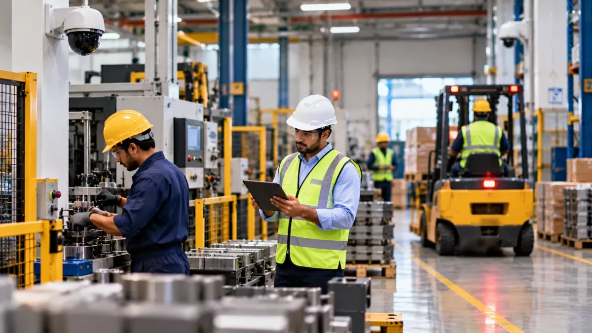 A supervisor with a tablet walks past a machine operator while a forklift moves goods in the background; cameras on wall brackets watch the floor.