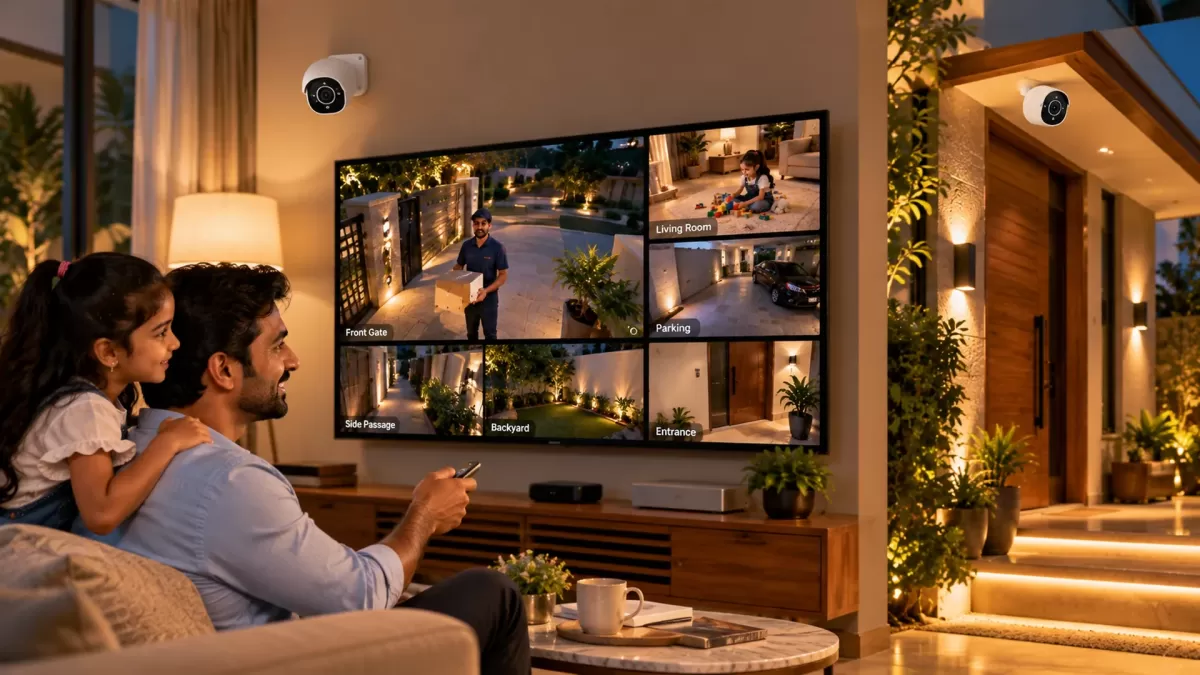 Father and daughter look at a television showing several camera views of their home.