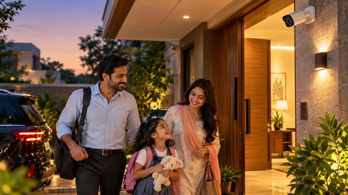 Coming home at dusk: a father, mother and daughter, holding her soft toy, walk up to their front door.