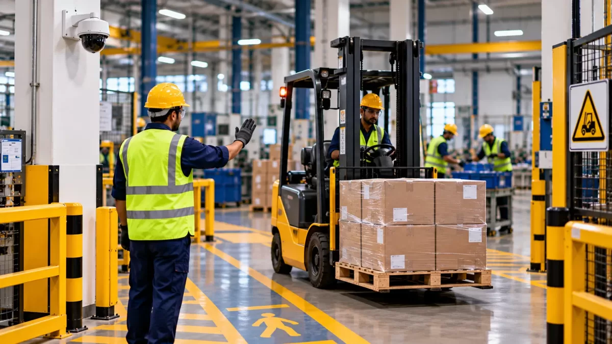 A worker in a vest signals a forklift carrying a wrapped pallet along a marked walkway.