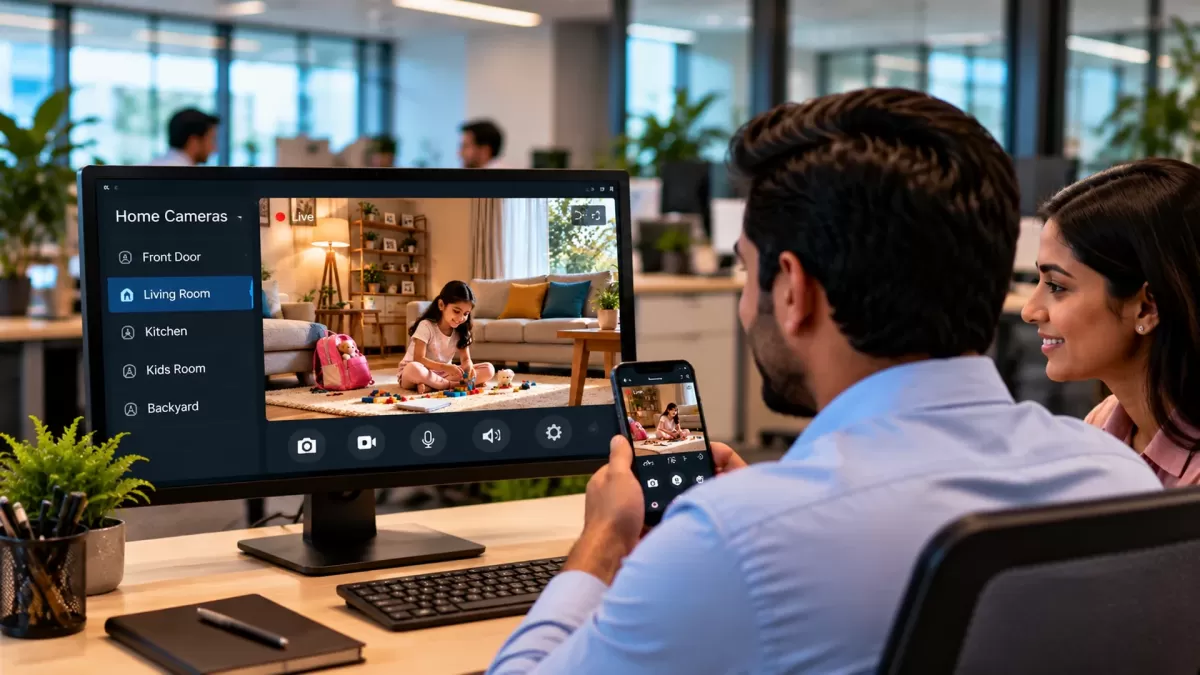 At the office, a father and a colleague look at a live view of the living room on his screen and phone.