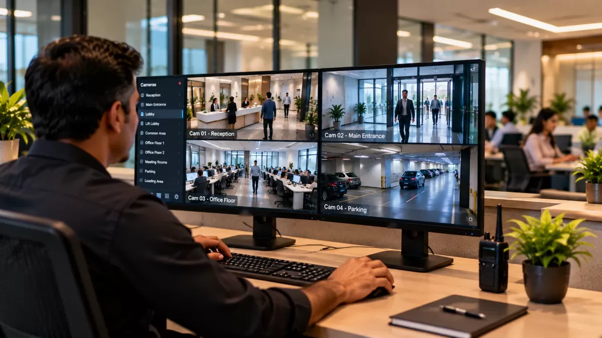 A security officer at his desk watches two screens of camera views: reception, main entrance, office floor and parking.