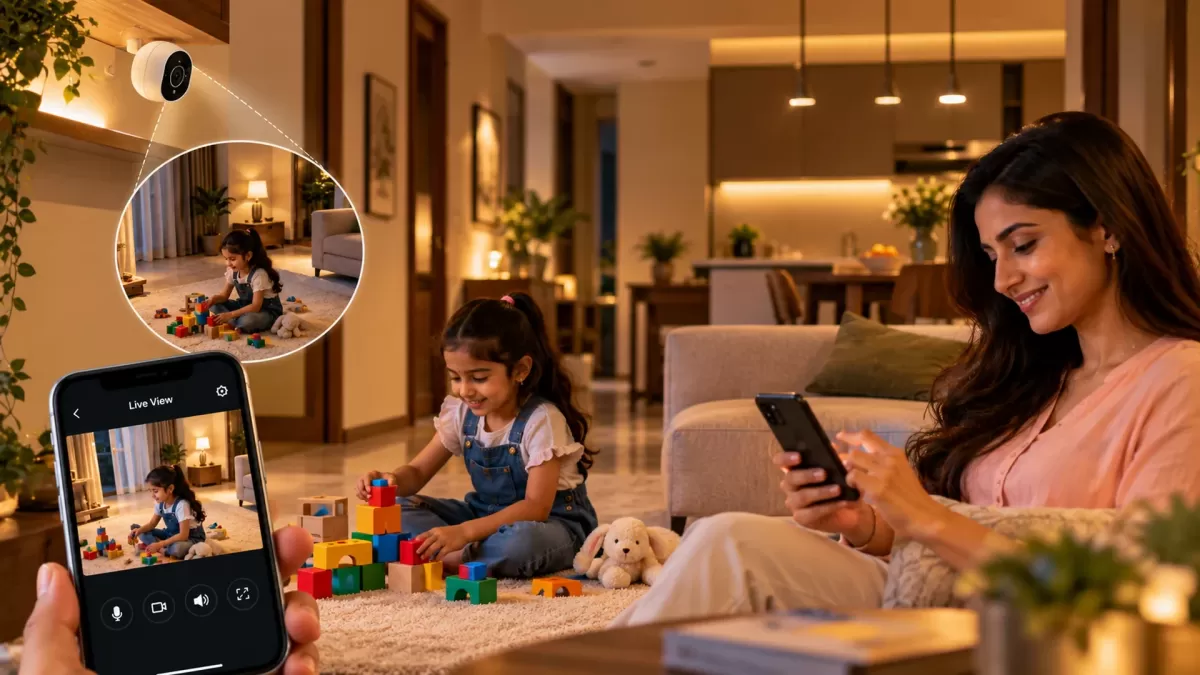A girl builds with blocks on the rug while her mother, on the sofa, glances at the live view on her phone.