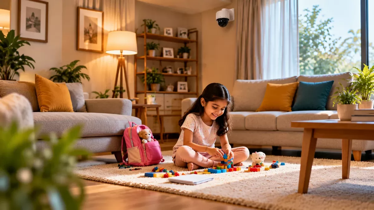 A girl plays with building blocks on the living-room rug, her school bag beside her.