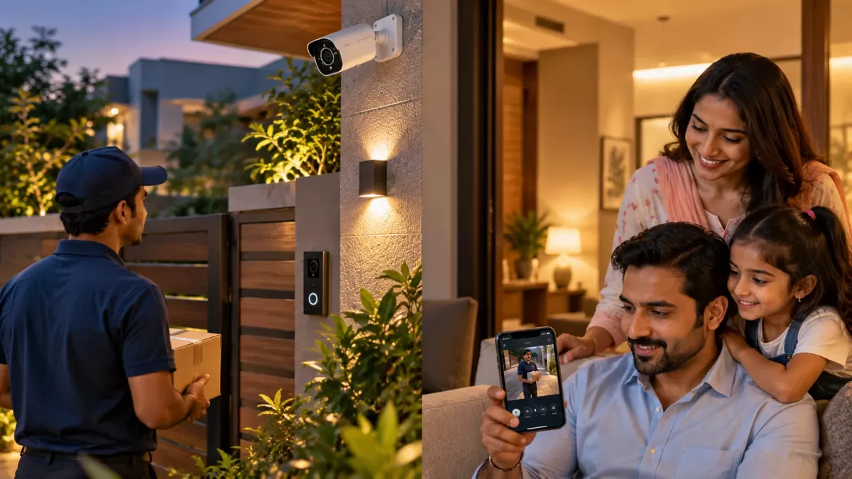 A delivery man waits at the gate; inside, the father checks the live view on his phone with his wife and daughter beside him.