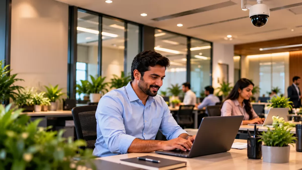 A man works on his laptop in a bright open office with colleagues around him.