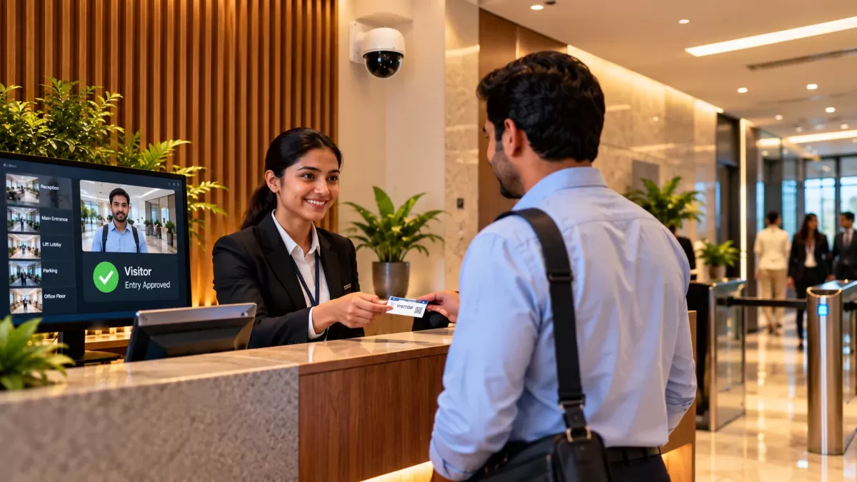 A receptionist hands a visitor badge to a man at the front desk; a screen beside her shows camera views of the building.